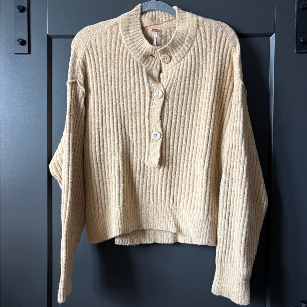 Free People Cream Ribbed Button Sweater - Picture 4 of 9